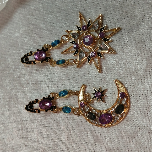 Celestial Earrings Sun Moon Star Dangle 2 6/8" Light - Medium Weight Bling - Picture 3 of 10